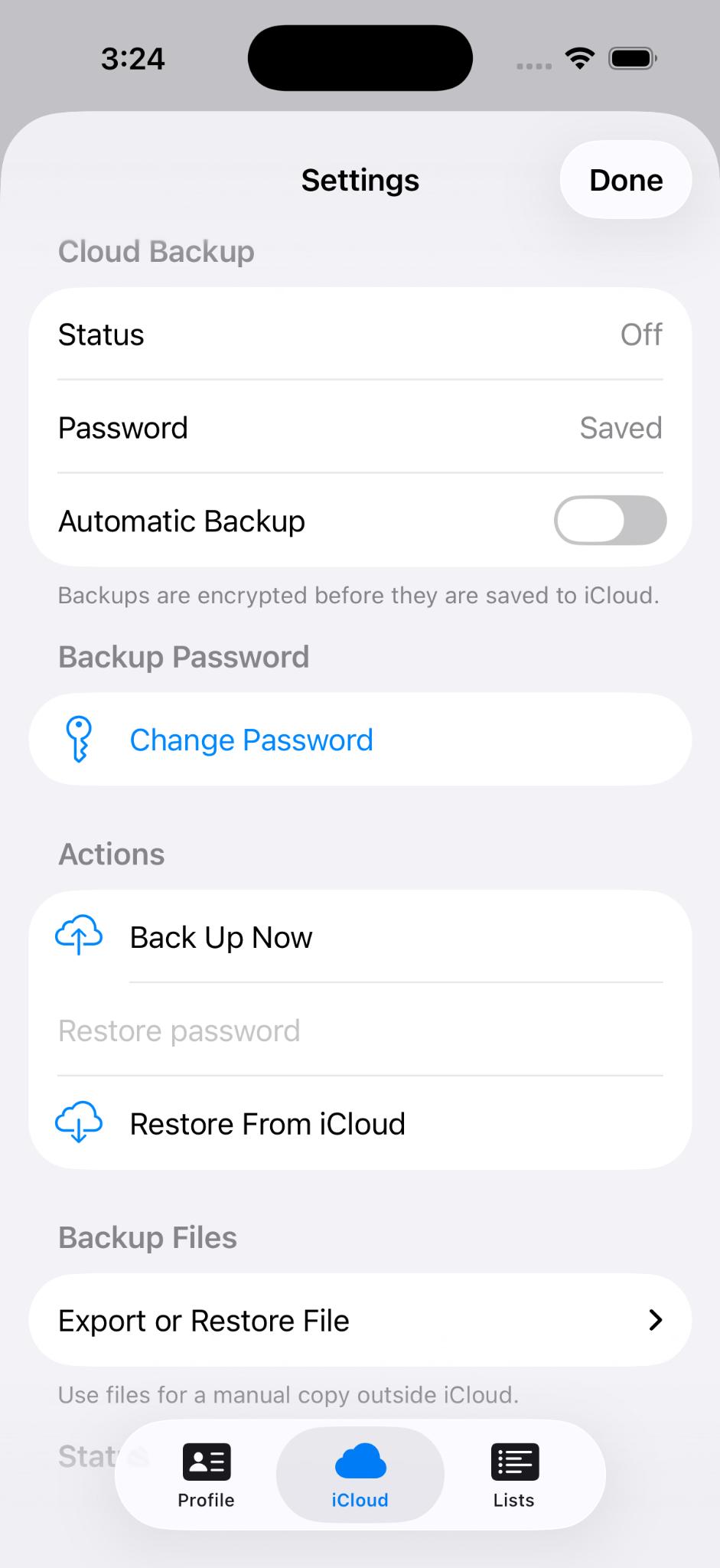 NotaryJotter settings screen showing encrypted iCloud backup options