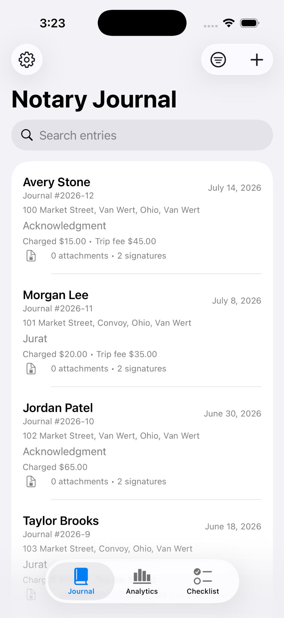 NotaryJotter journal entries screen