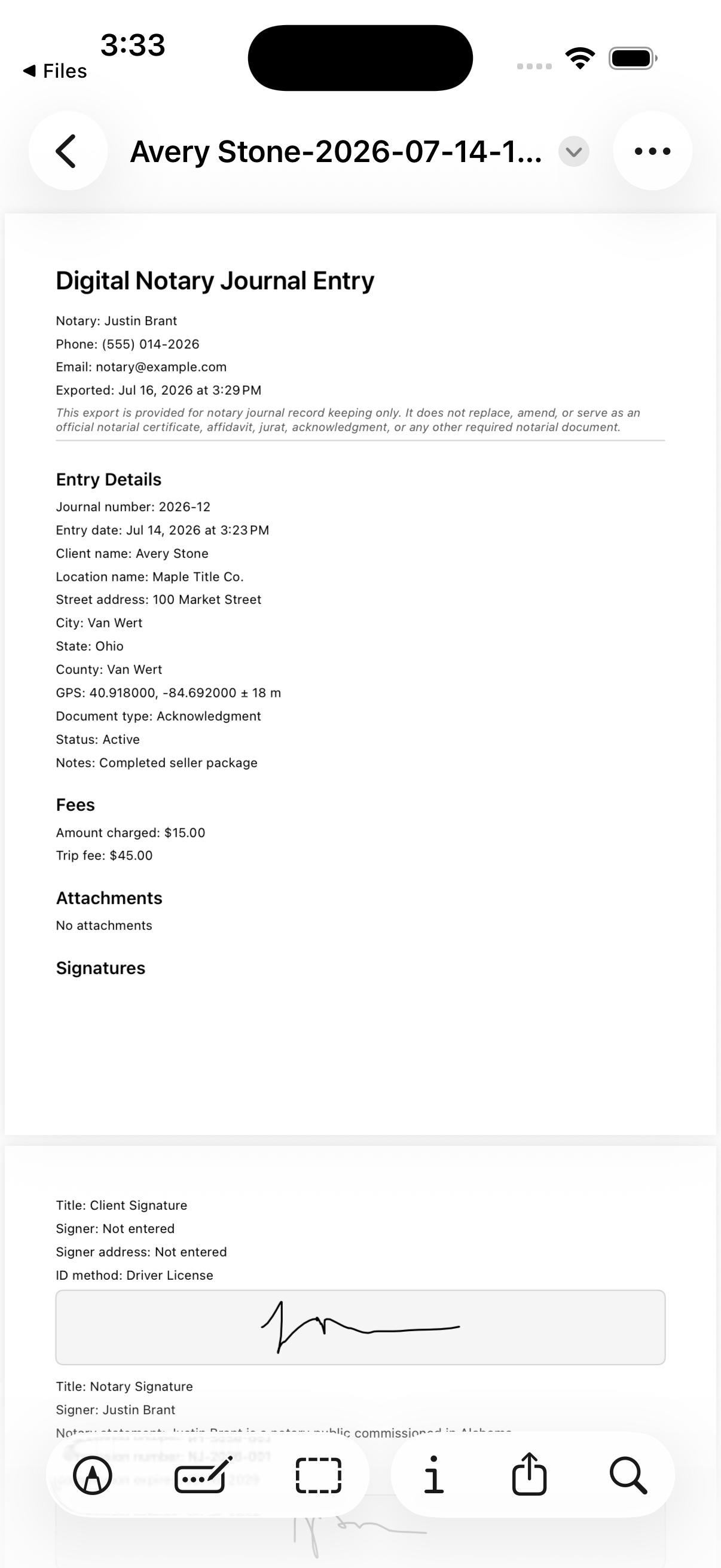 NotaryJotter exported PDF journal entry preview